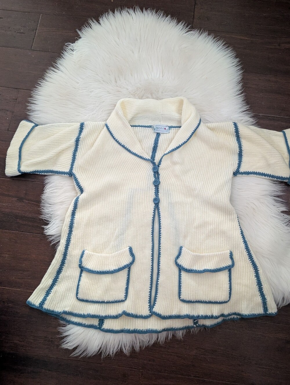 Vintage 60s 70s Huk A Poo Bohemian Knit Cream White Cardigan Estimated S Small